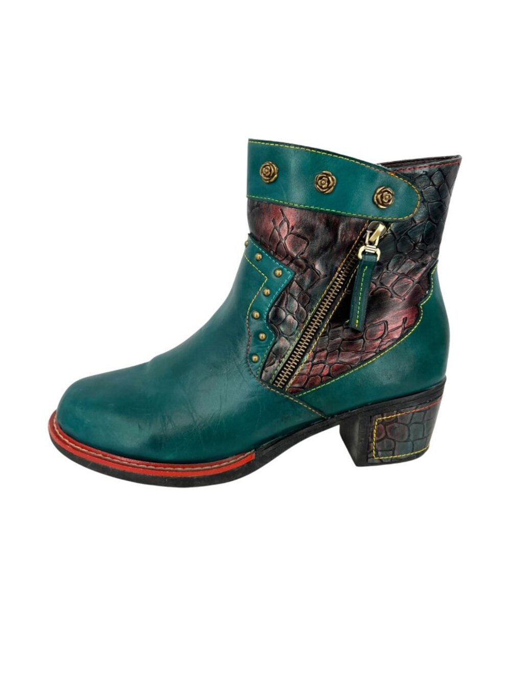 Boho Lagenlook Festival Teal Leather Ankle Boots Snake Print Stud Detail Size 42